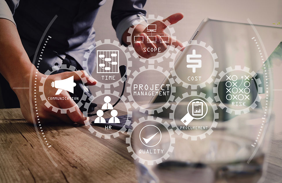person touching virtual UI with icons around main item labeled 'Project management'