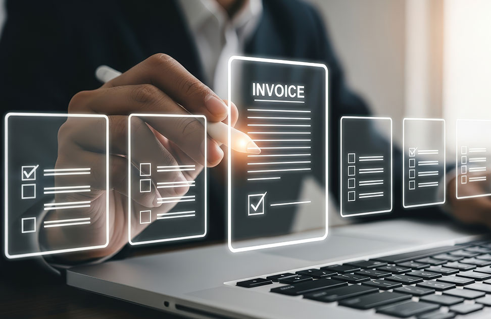 businessman tapping a floating UI screen with 'Invoice' text