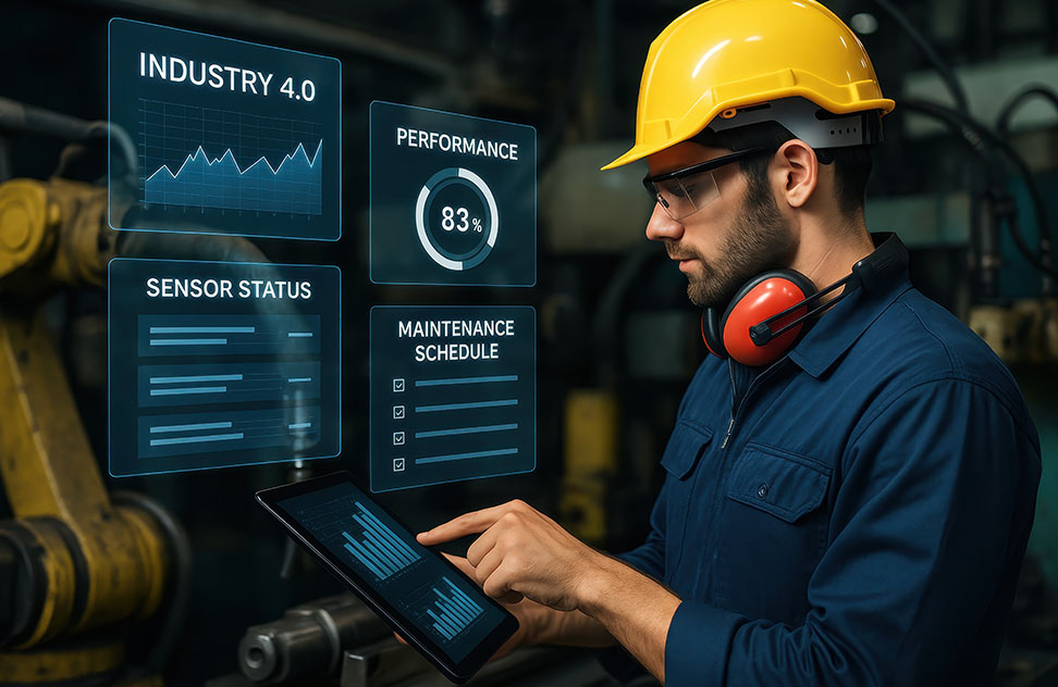 controls technician looking at sensor and output digital screens